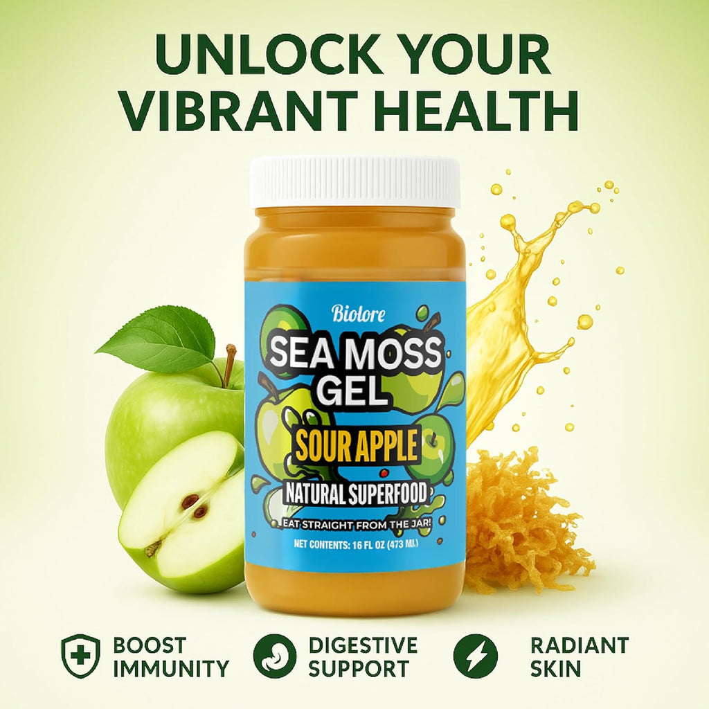 Biolore Sour Apple Sea Moss Gel 16 oz - No Added Sugar, Vegan, Made in USA - Wildcrafted Sea Moss Superfood with 92 Essential Vitamins - Ready to Use, No Prep Needed