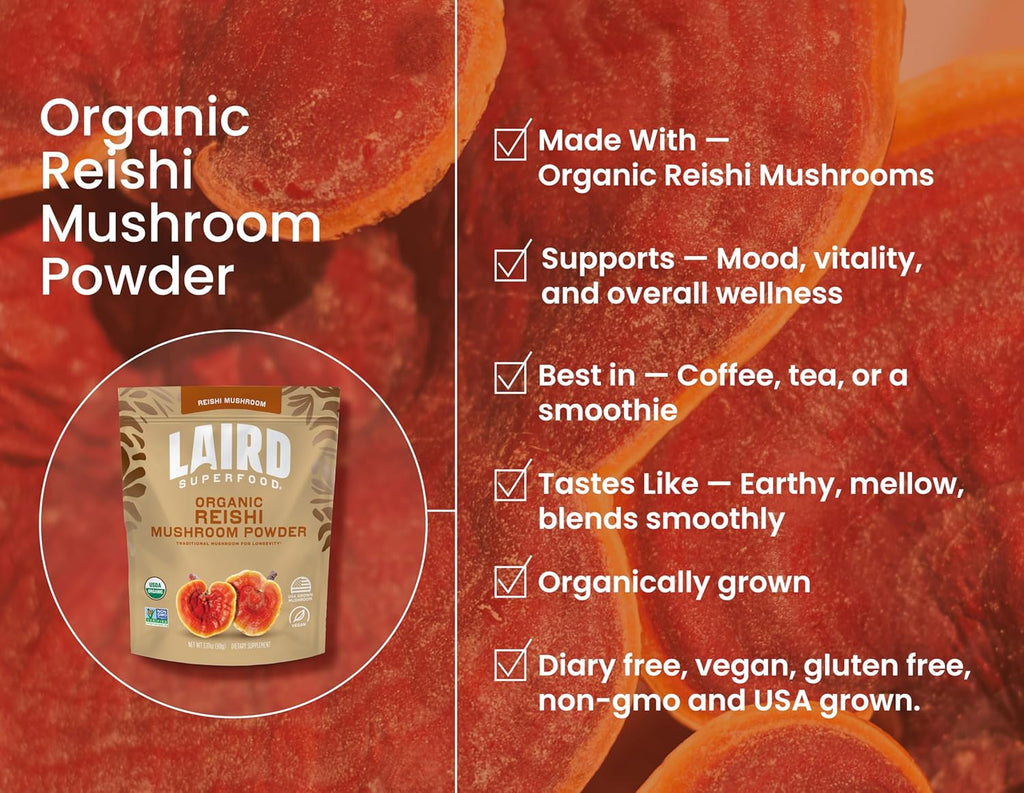 Laird Superfood Organic Reishi Mushroom Powder for Immune Support and Stress Relief, 3.17 oz. Bag, Pack of 1
