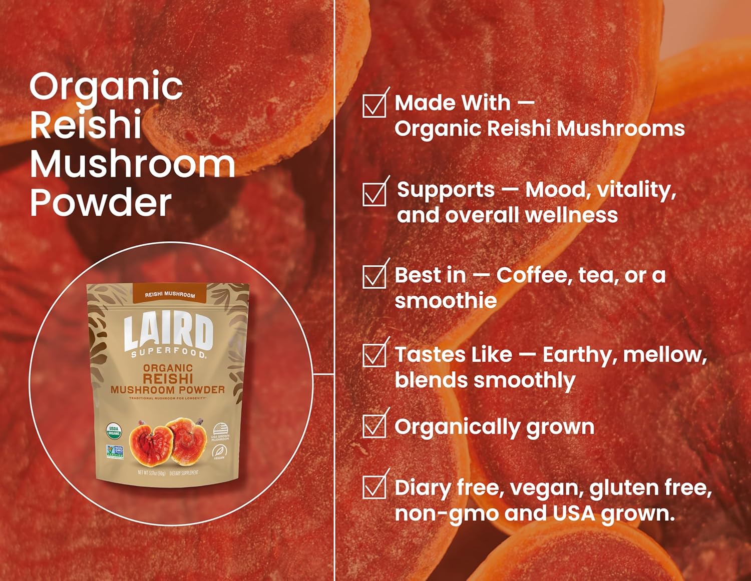 Laird Superfood Organic Reishi Mushroom Powder for Immune Support and Stress Relief, 3.17 oz. Bag, Pack of 1