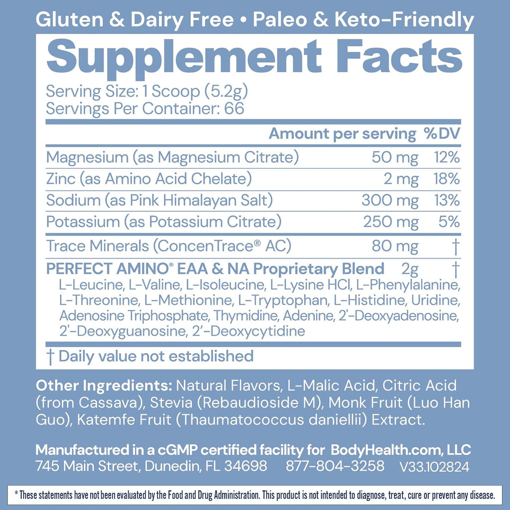 BodyHealth PerfectAmino Electrolytes Powder No Sugar, Hydration Fasting Keto Zero Sugar Electrolytes Drink Mix with Trace Minerals - NSF Certified for Sport - Watermelon - 66 Servings