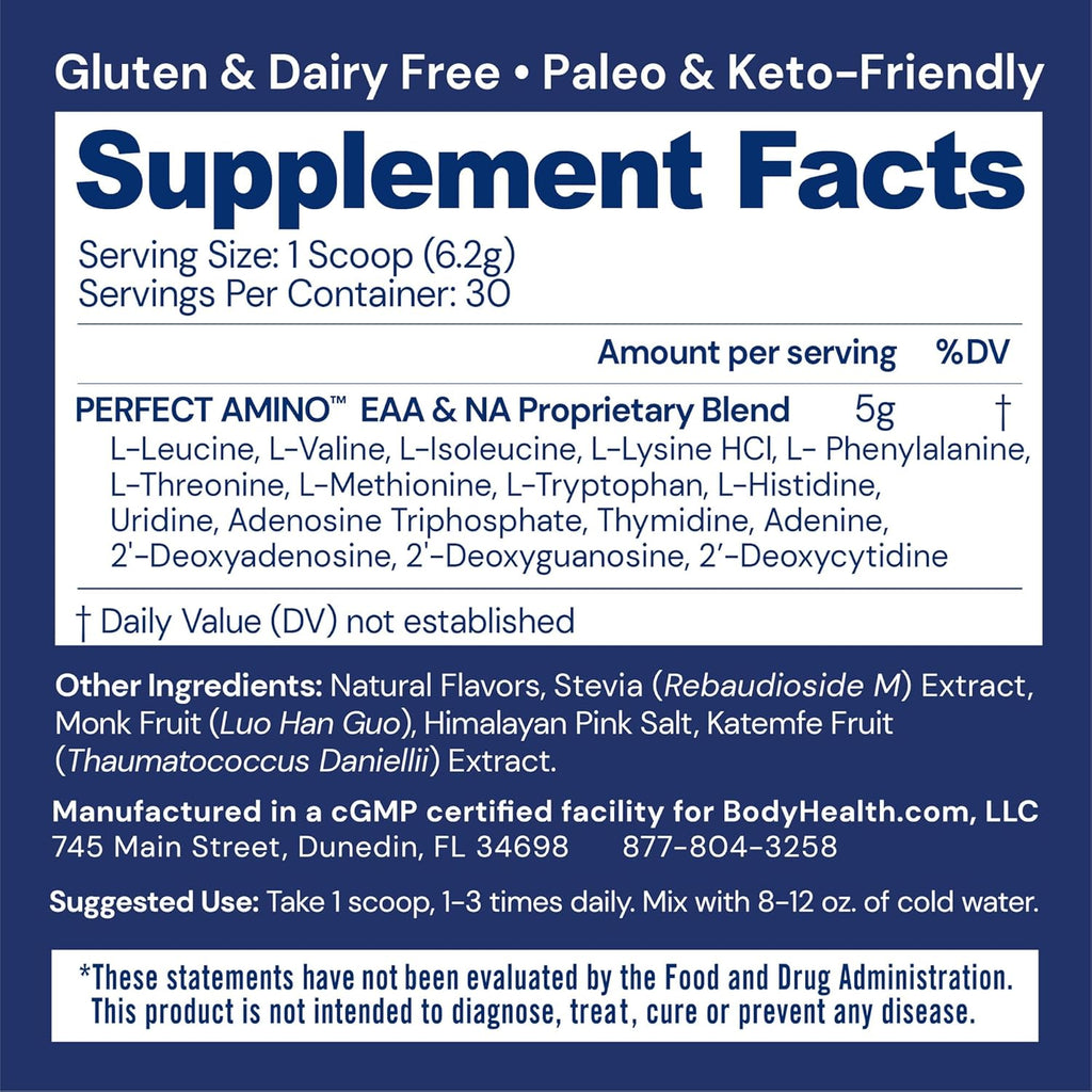 BodyHealth PerfectAmino Powder - BCAA and EAA Powder for Pre and Post Workout - Amino Acid Energy Drink for Men and Women to Support Lean Muscle and Recovery - Vanilla - 30 Servings
