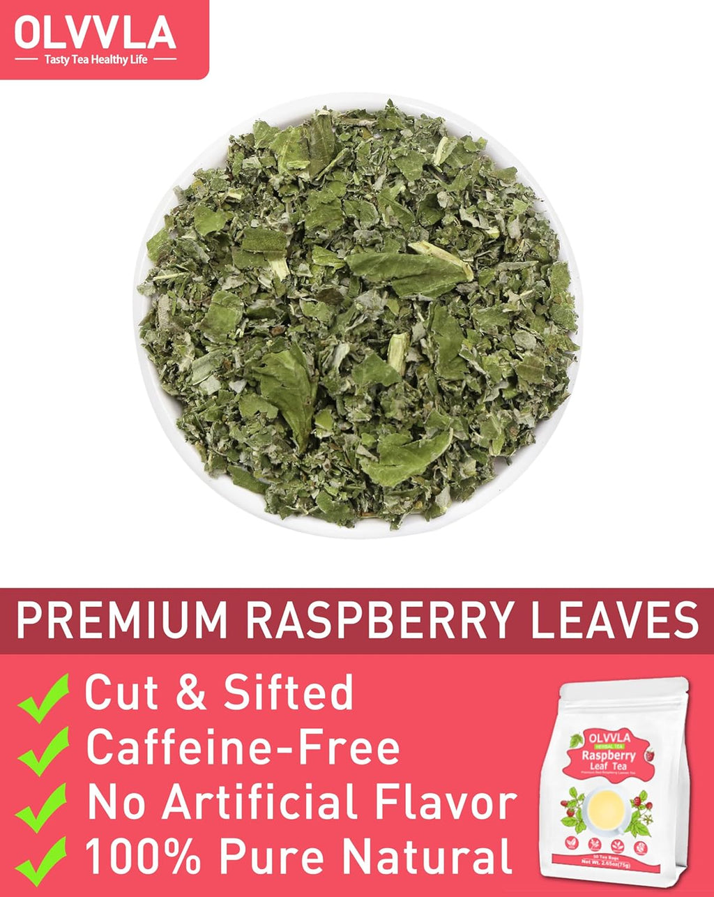 Olvvla - Raspberry Leaf Tea Bags - 1.5g X 50 Count - 100% Pure Red Raspberry Leaf Herbal Tea - Natural Pregnancy Tea - Non-GMO - Caffeine-free - Ease Menstrual Cramp & Support Healthy Pregnancy