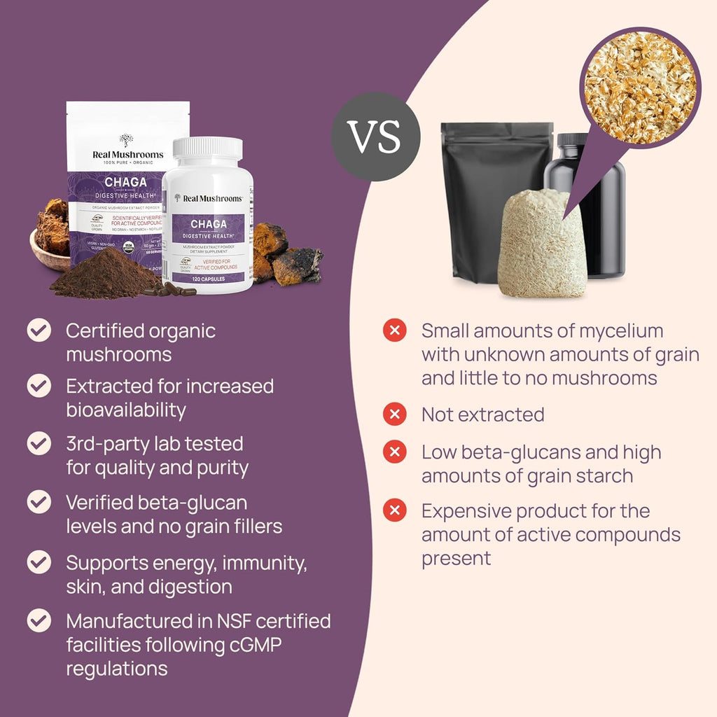 Real Mushrooms Chaga Mushroom Capsules – Organic Chaga Extract Powder with Extract Powder for Wellness & Energy Support– Vegan, Non-GMO, 300 Capsules – Organic Mushroom Supplement