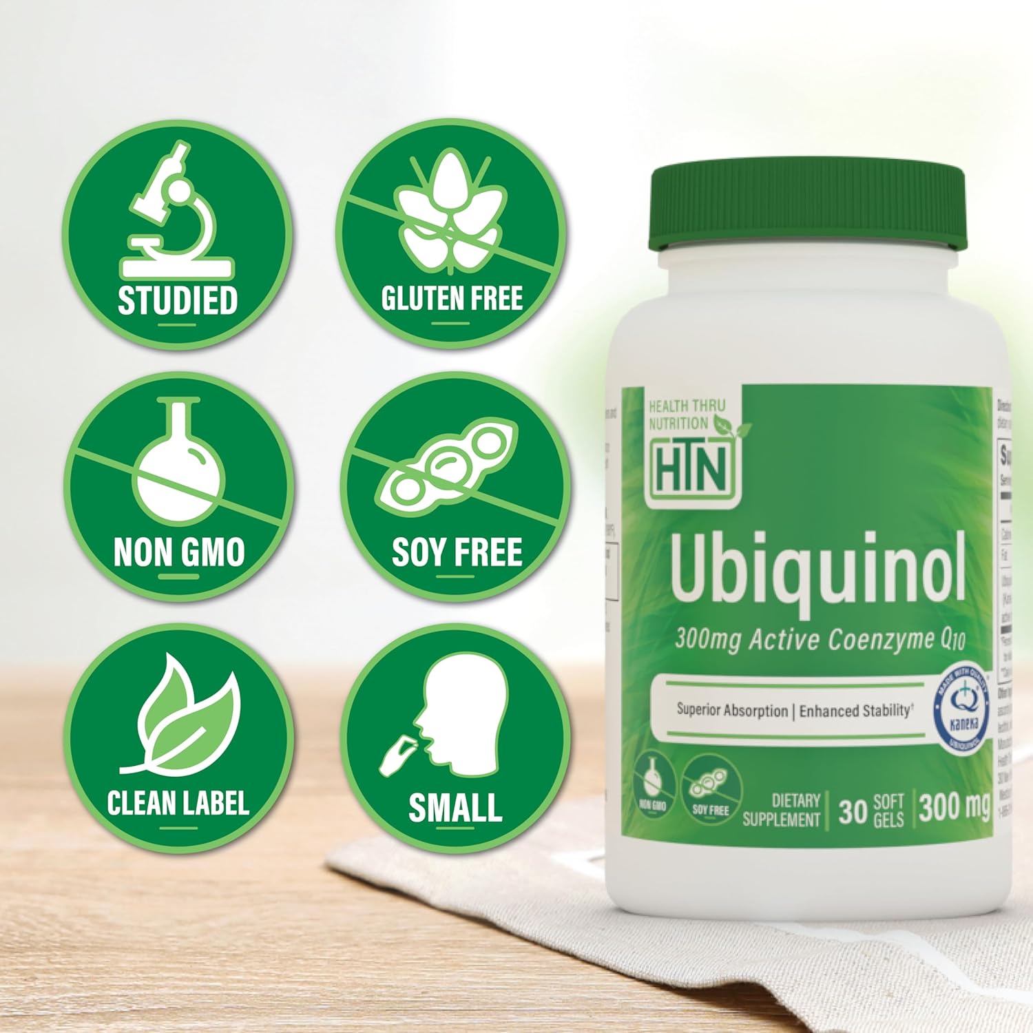 Health Thru Nutrition Ubiquinol 300mg 30 Softgels as Kaneka QH Reduced CoQ-10 | Stabilized - 3rd Party Tested | Enhanced Bioavailability | Cardiovascular & Mitochondria Function Support | Non-GMO
