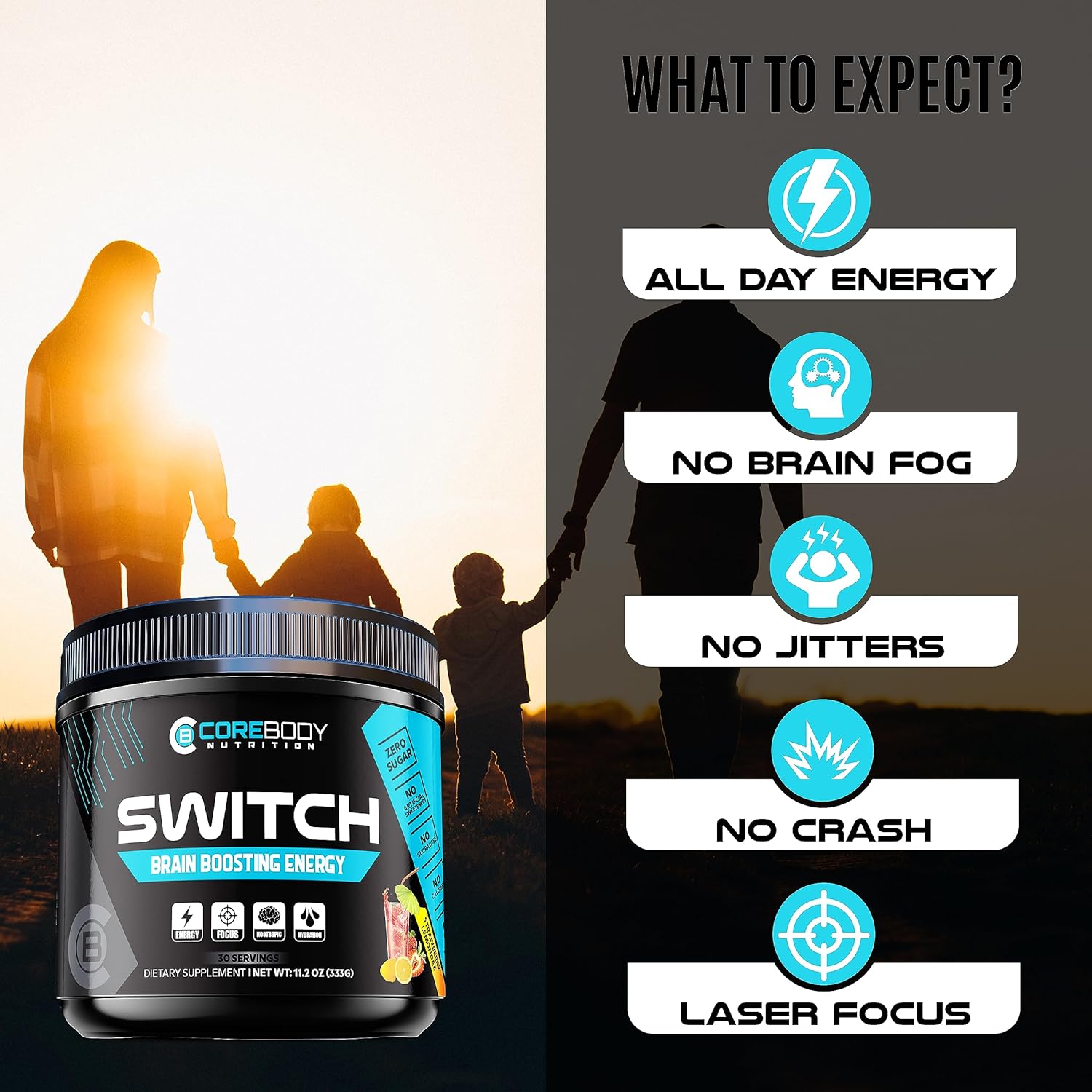 CoreBody Switch Energy Drink Mix -Nootropics Brain Support Supplement for Memory & Focus, Sugar Free Energy Booster with Nootropics, Alpha GPC, All Day Focus* (Tropical Punch)
