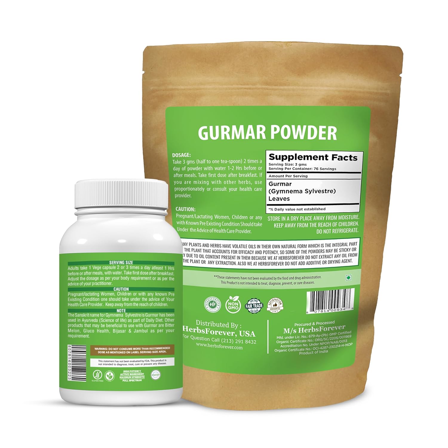 Gurmar Gymnema Sylvestre Capsules & Powder (Pack of 2) | Natural Herbal Supplement | Non-GMO, Vegan