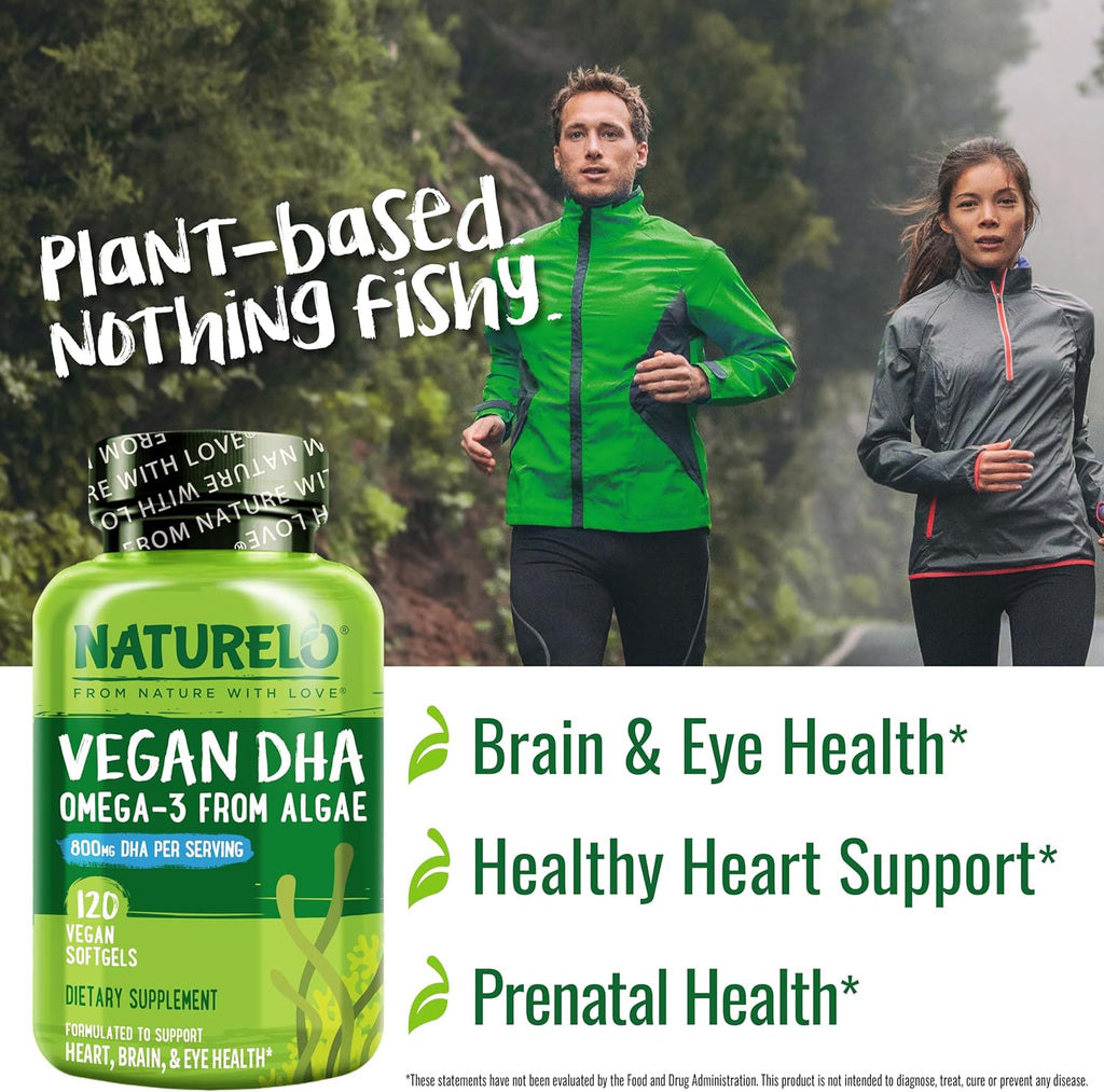 NATURELO Vegan DHA - Omega 3 Oil from Algae - Supplement for Brain, Heart, Joint, Eye Health - Provides Essential Fatty Acids for Women Men and Kids - Complements Prenatal Vitamins - 120 Softgels