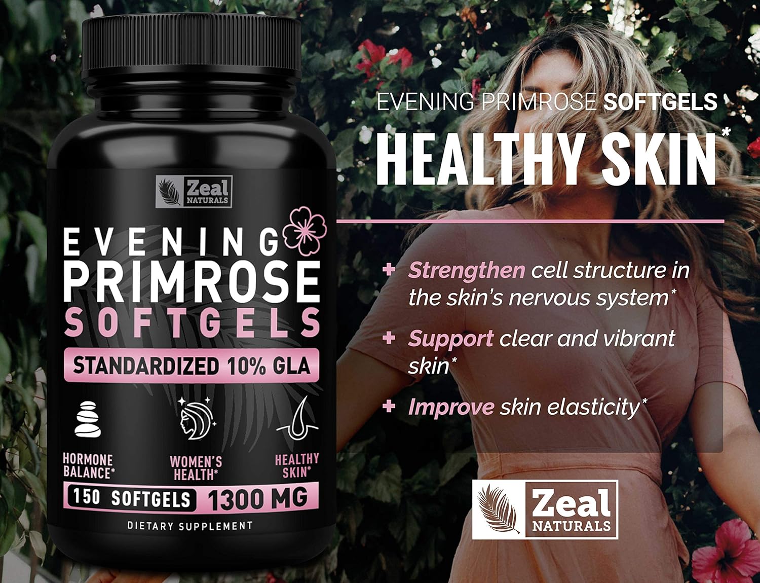 Evening Primrose Oil Capsules (150 Liquid Softgels | 1300mg) Premium Evening Primrose Oil – Natural-Sourced Hormone Support Supplement for Women - Cold Pressed w. 10% GLA