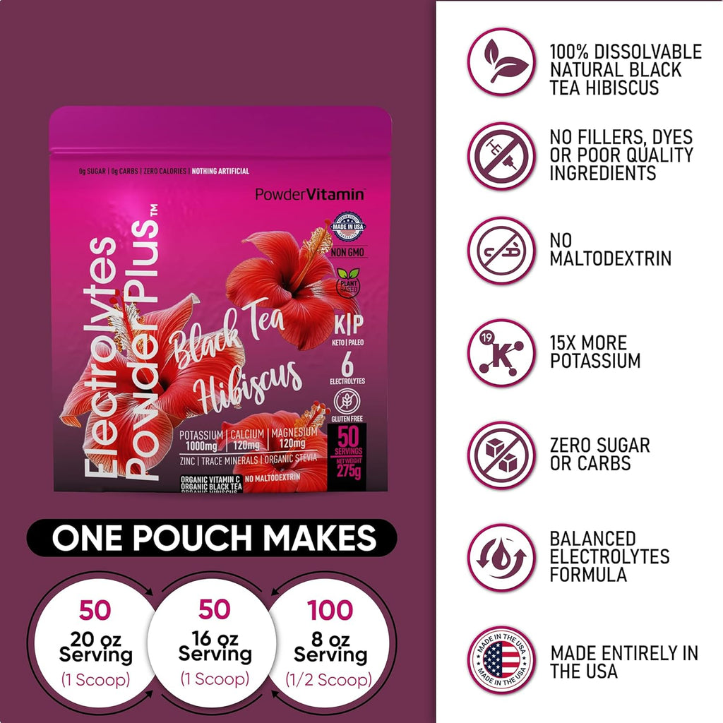 PowderVitamin Electrolytes Powder Plus (50 Servings) Black Tea Hibiscus Electrolyte Powder Keto, Sugar Free, Pink Himalayan Salt,1000mg Potassium,120mg Calcium,120mg Magnesium, Hydration Powder