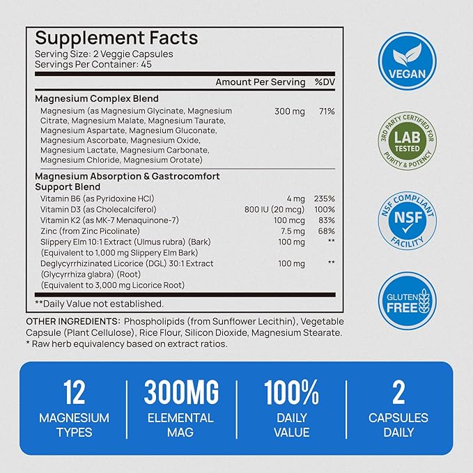 18 in 1 Magnesium Complex for Women and Men | Liposomal Magnesium Supplement with Glycinate, Citrate, Malate, Taurate, D3 & K2 | High Absorption for Muscle, Sleep, Bone, Nerve Support | 90 Capsules