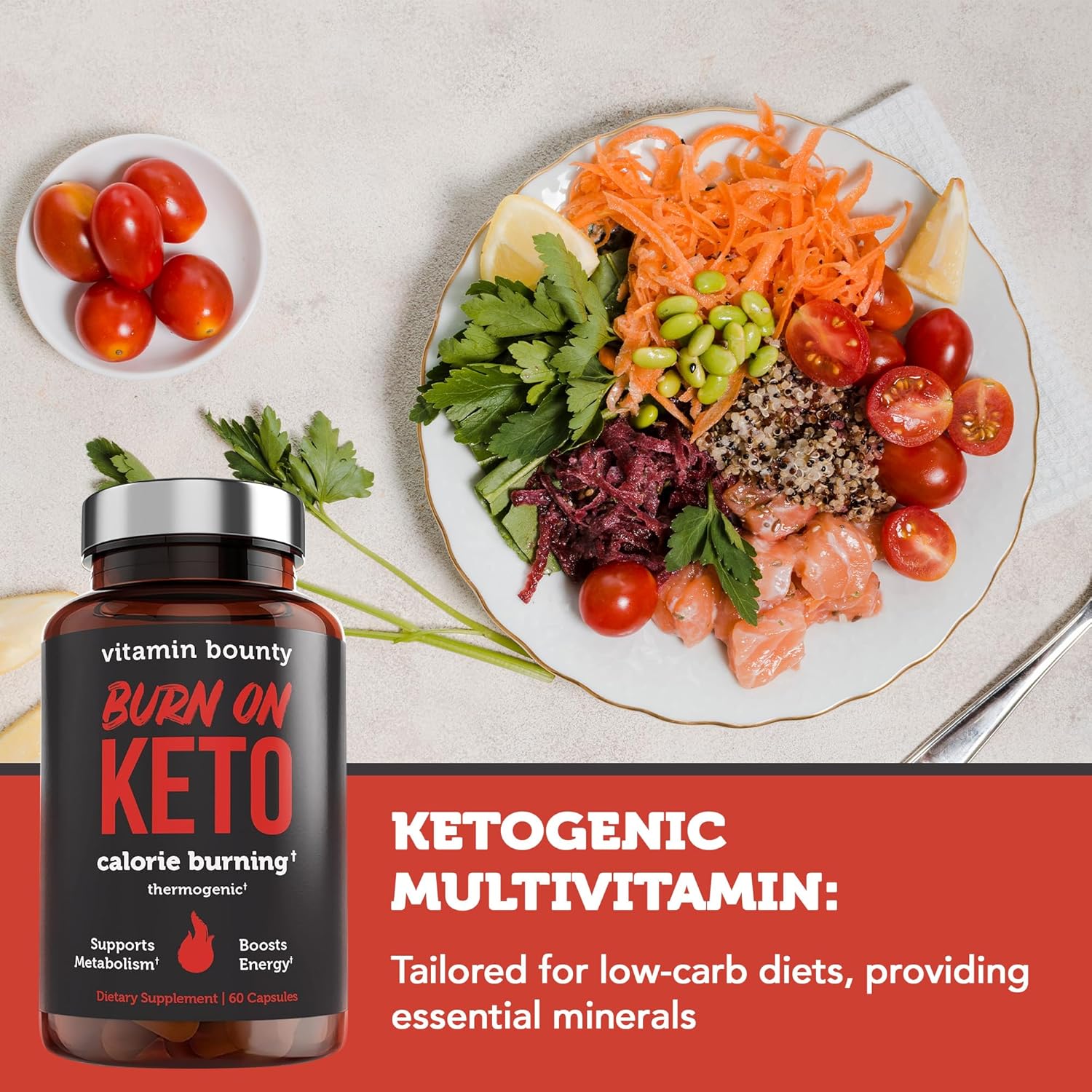 Vitamin Bounty Burn On Thermogenic Keto Fat Burner for Men & Women - Weight Loss Supplement with Raspberry Ketones - Metabolism Booster, Energy Pills, Appetite Suppressant - 60 Capsules