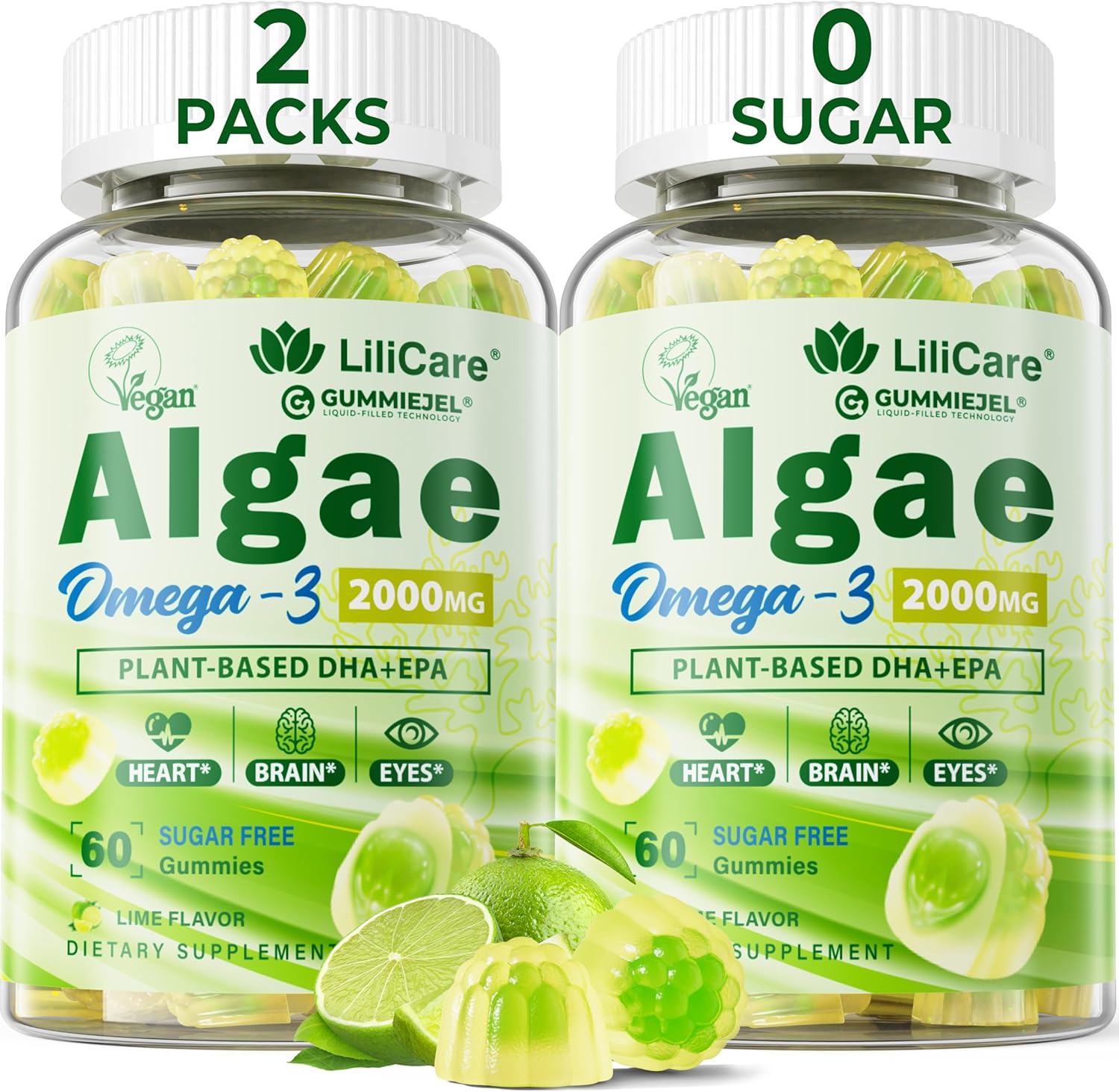 Omega 3 Gummies 2200mg from Algae Oil (DHA 640mg & EPA 290mg) for Women & Men, Vegan Omega 3 Fish Oil Alternative, w/CoQ10, Astaxanthin, Vitamin A, E, D3 for Brain, Eye, Antioxidant,Sugar Free 2Packs