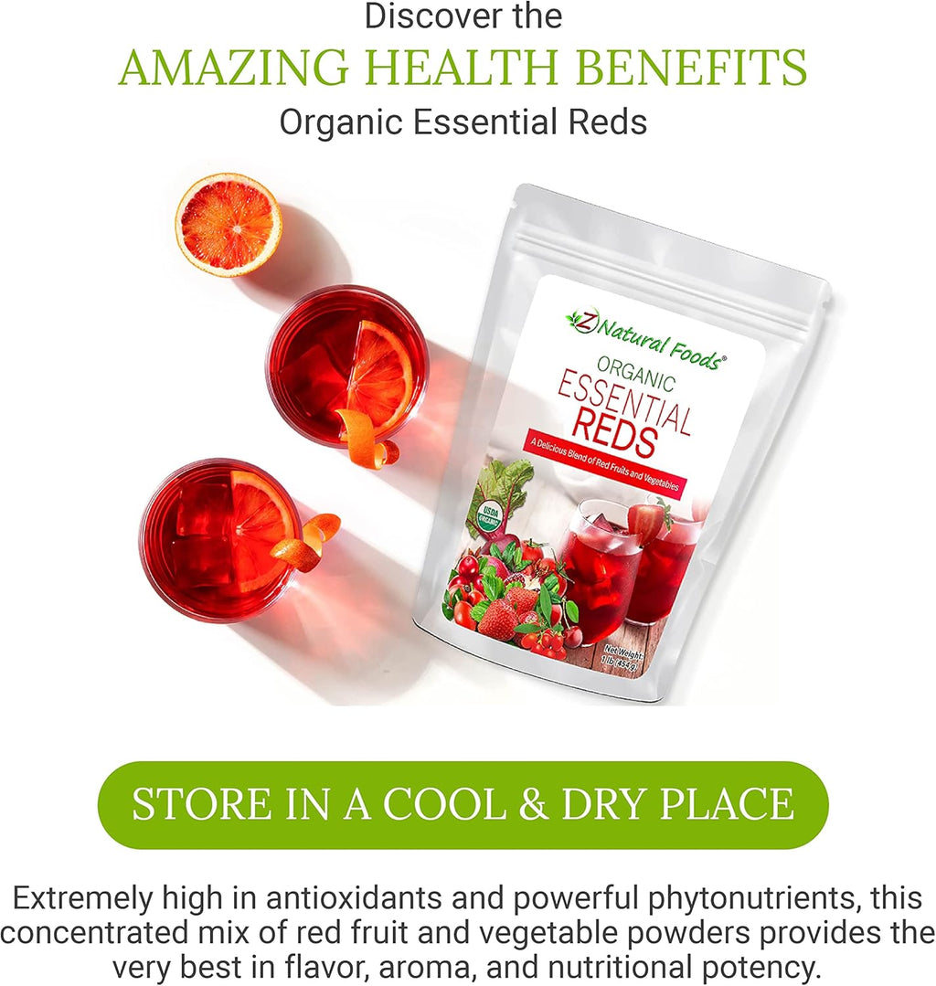 Z Natural Foods Organic Essential Reds, Organic Juice Powder, Super Blend of 10 Red Fruits and Vegetables, Superfood Smoothie Powder, Non-GMO, Vegan, 1 lb