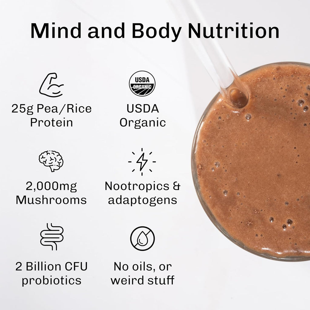 MUDWTR Nourish | Chocolate Mushroom Protein Powder | 2,000mg Adaptogenic Mushrooms | Vegan Protein Powder | USDA Organic | Focus, Mood & Digestion Support | Cacao, Lion's Mane, Bacopa | 15 Servings