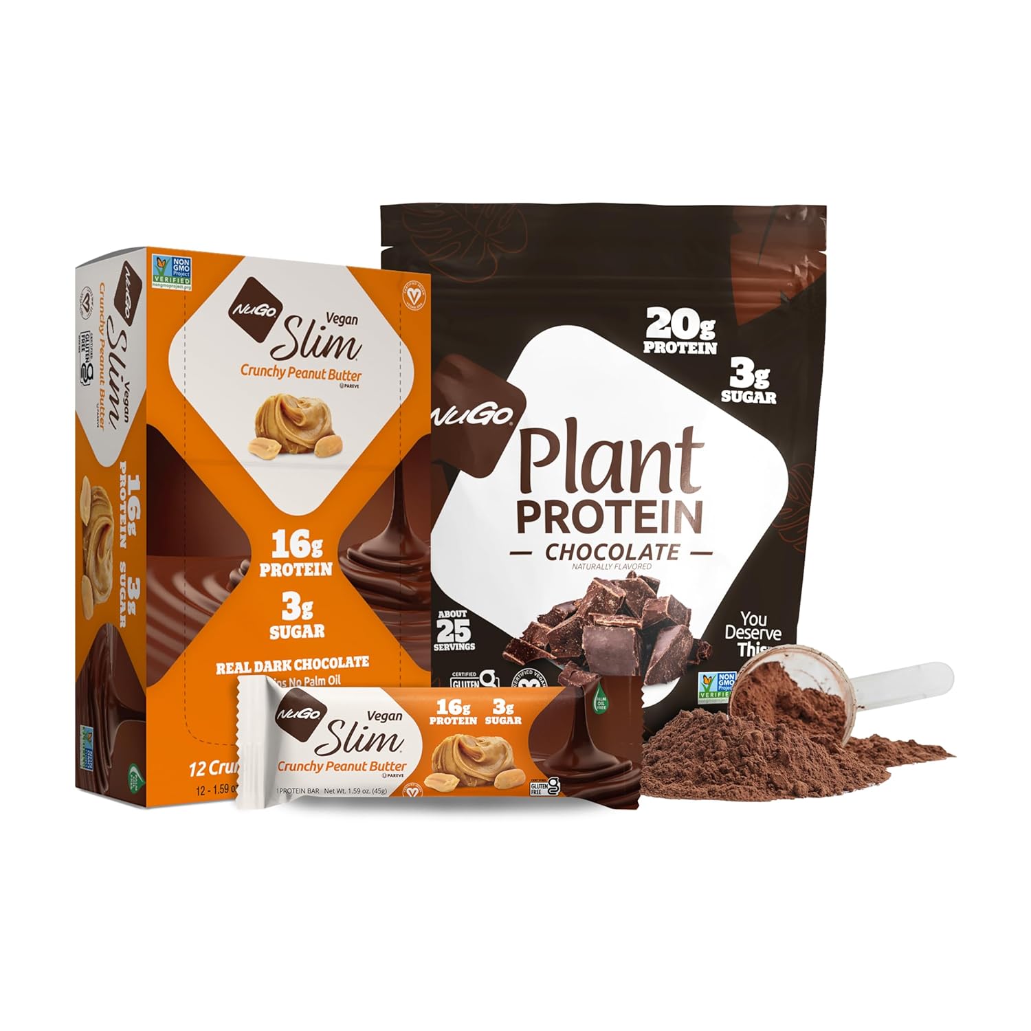 NuGo Slim Dark Chocolate Crunchy Peanut Butter, 17g Vegan Protein, 3g Sugar, 12 Count and NuGo Plant Protein Powder, 20g Protein, 3g Sugar, 25 Servings