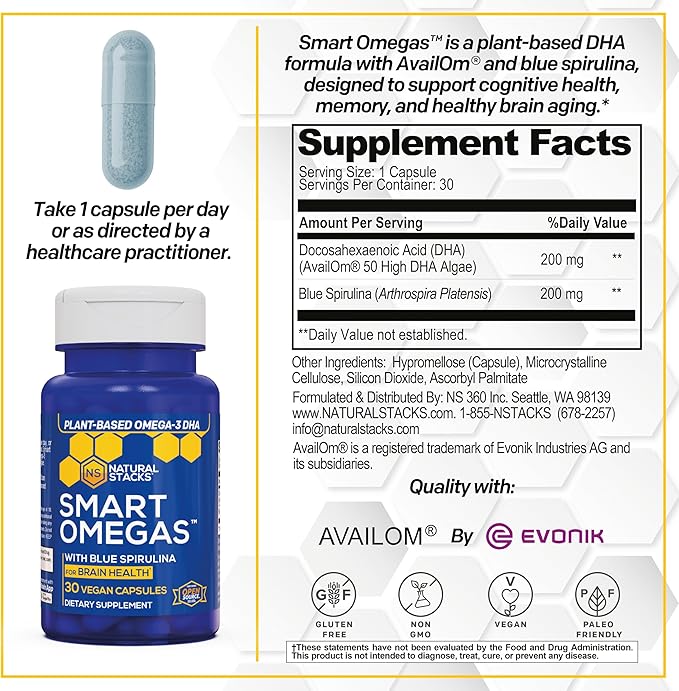 NATURAL STACKS Smart Omegas - Omega 3 Supplement w/ 200mg DHA & 200mg Blue Spirulina - Plant Based Algae Oil Omega 3 Supplement - Fish Oil Free Antioxidant Support - 30 Blue Spirulina Capsules