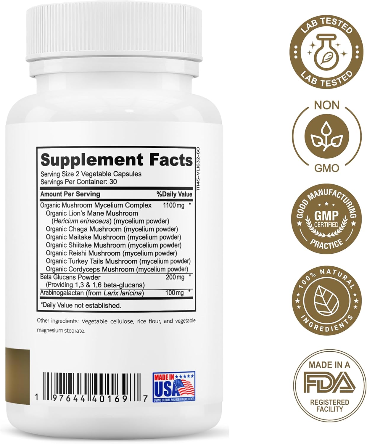 Organic Mushroom Complex - 7 Mushroom Blend Immune Support Nootropic & Cognitive Health Supplement with Organic Lion's Mane, Chaga, Maitake, Shiitake, Reishi, Turkey Tails, Cordyceps Mix
