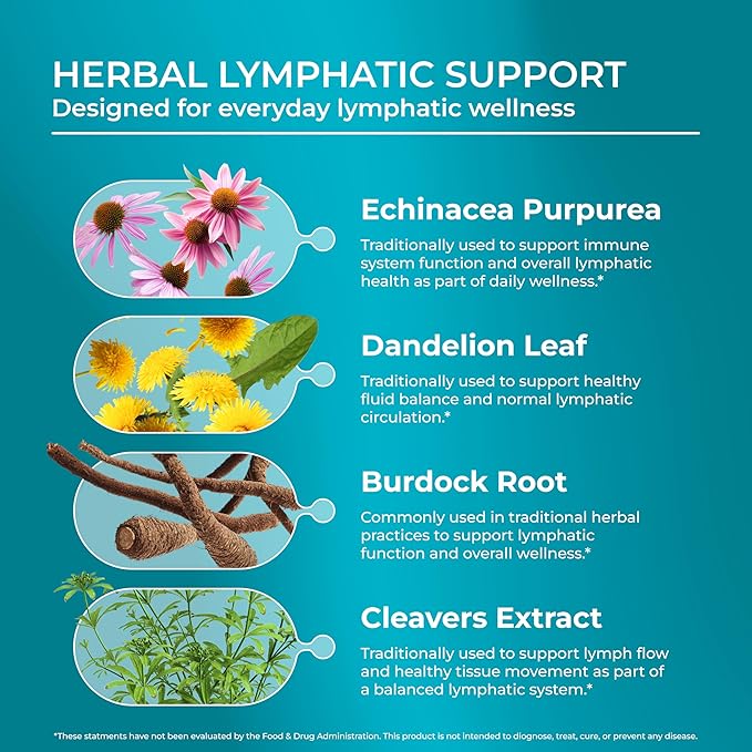 PUREHEALTH RESEARCH Lymph System Support - Lymphatic Drainage Supplement for Women & Men - Bromelain, Echinacea, Dandelion, Burdock Root, Lemon Powder, Kelp, Rutin, Cleavers & More - 120 Capsules