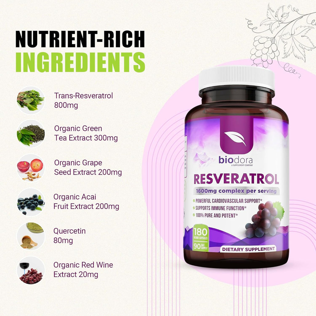 Resveratrol 1600mg, Trans-Resveratrol Antioxidant Supplement with Green Tea, Grape Seed Extract and Quercetin, Helps to Support Digestive Health and Immune System, 180 Capsules