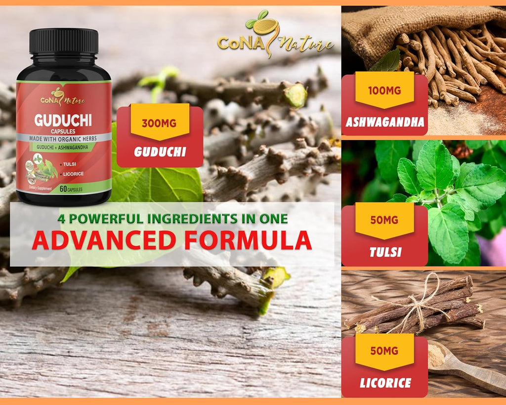 Organic Giloy Guduchi Extract Capsules & Ashwagandha, Licorice, Holy Basil | Immune Booster