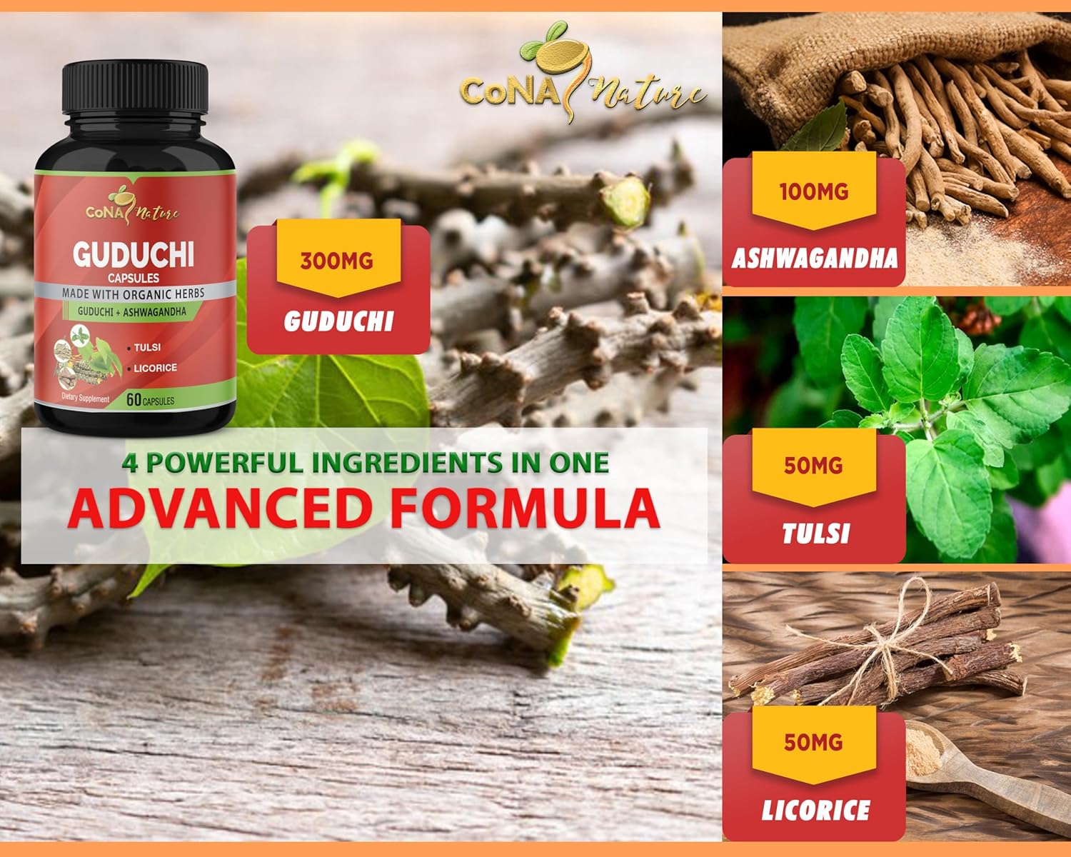 Organic Giloy Guduchi Extract Capsules & Ashwagandha, Licorice, Holy Basil | Immune Booster