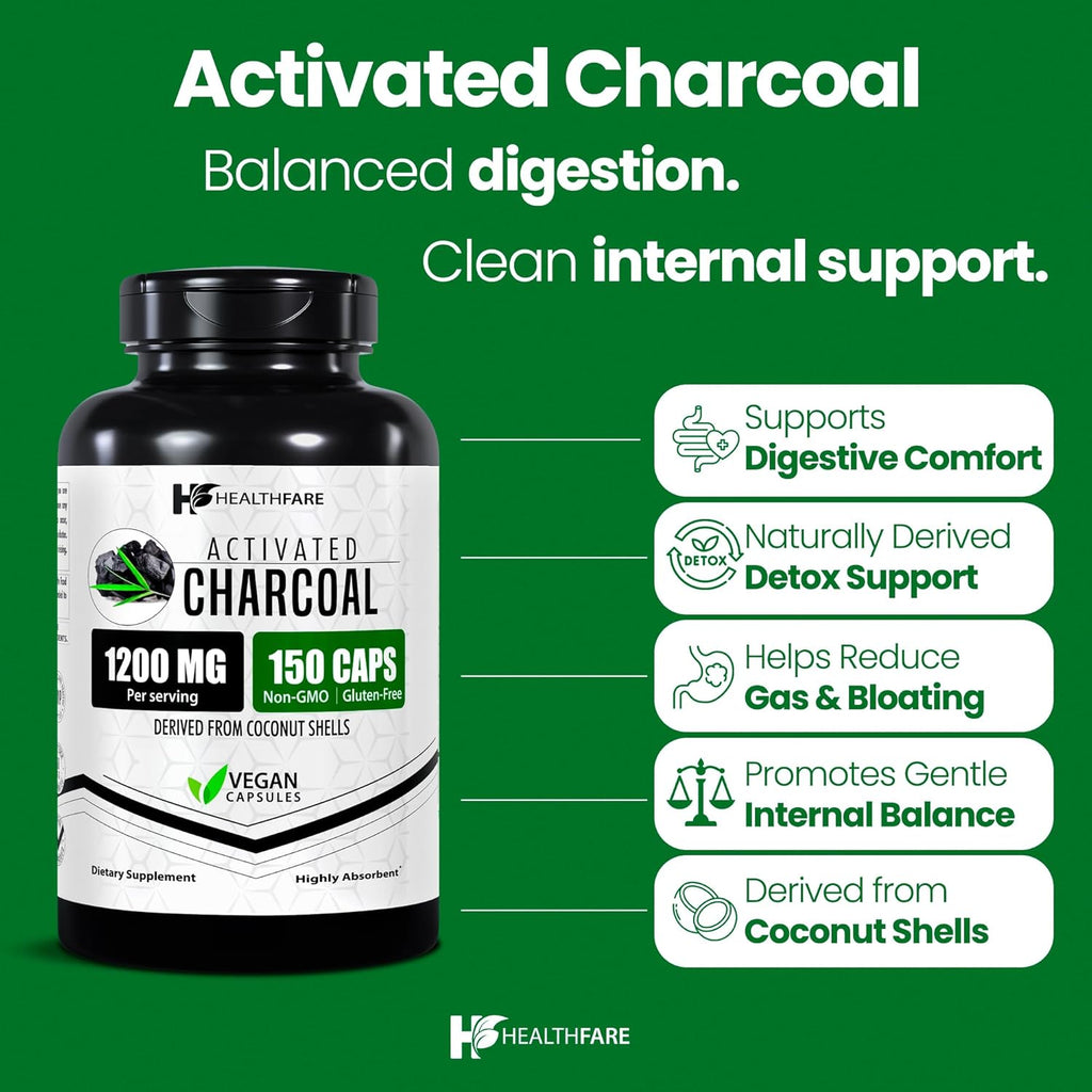 Activated Charcoal Capsules 1200mg | 150 Veg Capsules (Pack of 2) | Derived from Coconut Shells | Highly Absorbent | Non-GMO | Made in The USA