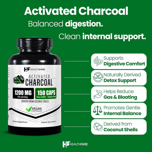 Activated Charcoal Capsules 1200mg | 150 Veg Capsules (Pack of 2) | Derived from Coconut Shells | Highly Absorbent | Non-GMO | Made in The USA