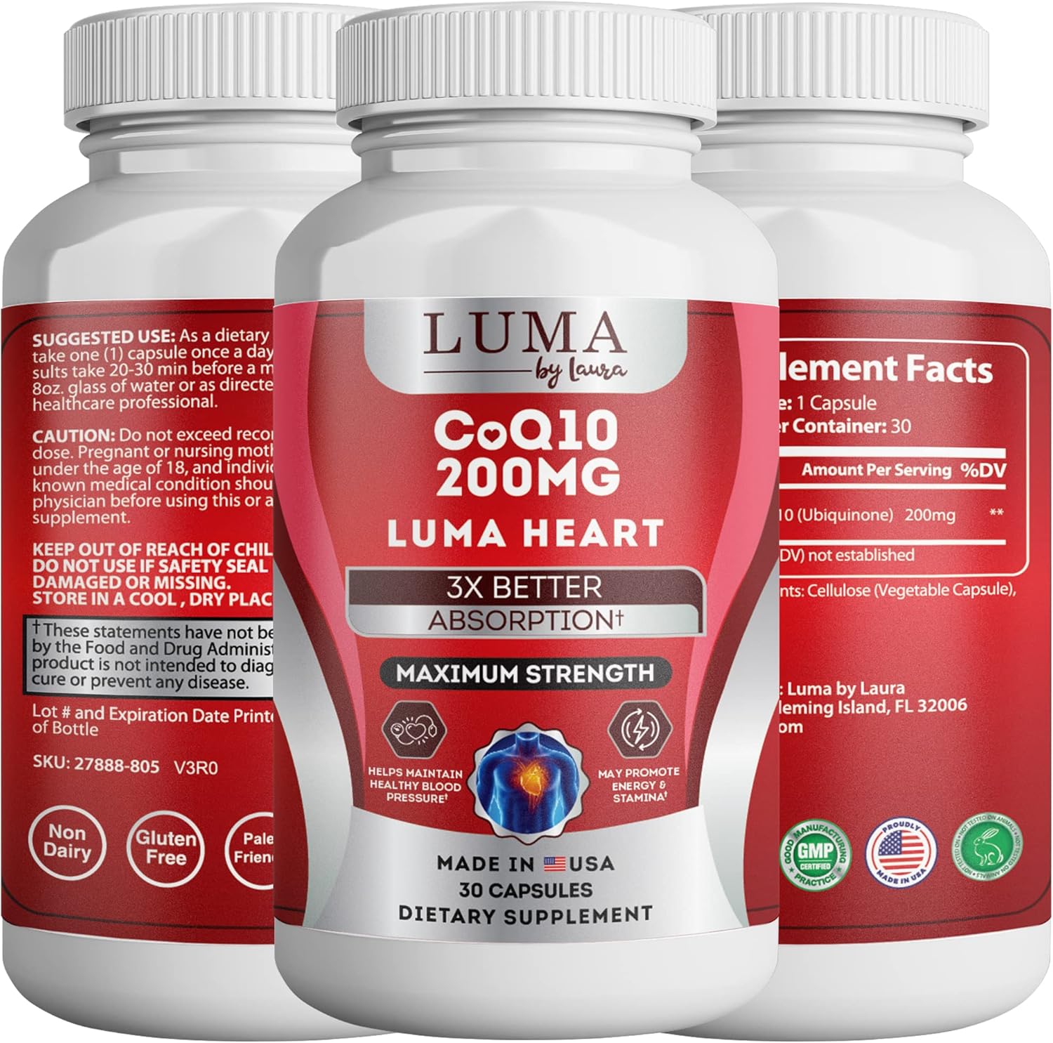 CoQ10 200mg Capsules for Heart Health - High-Absorption Nutritional Supplements - Cruelty-Free, Unflavored, & Gluten-Free - 30 Capsules per Bottle