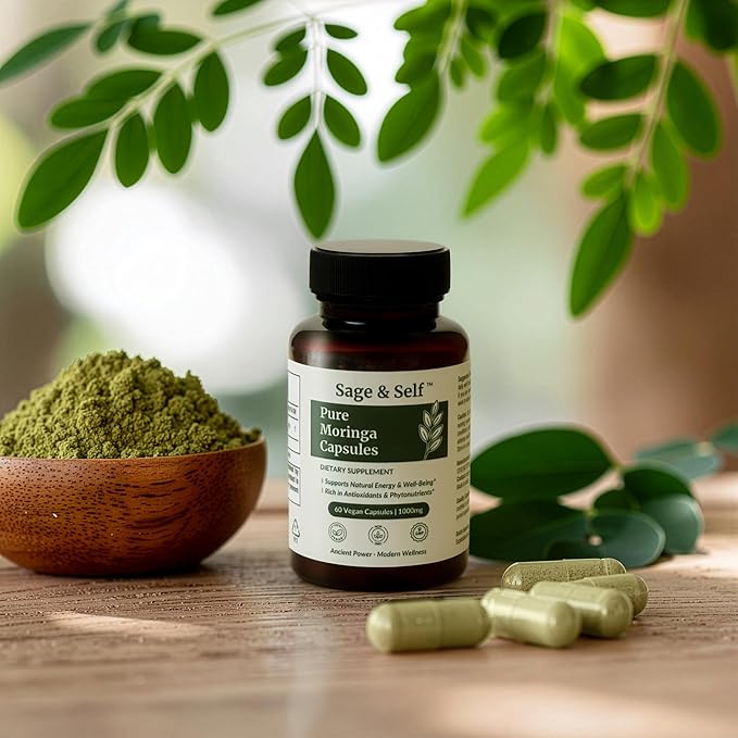 Sage & Self Pure Moringa Capsules – Moringa Leaf Powder for Natural Energy & Daily Wellness – Vegan Herbal Supplement (60 Capsules)