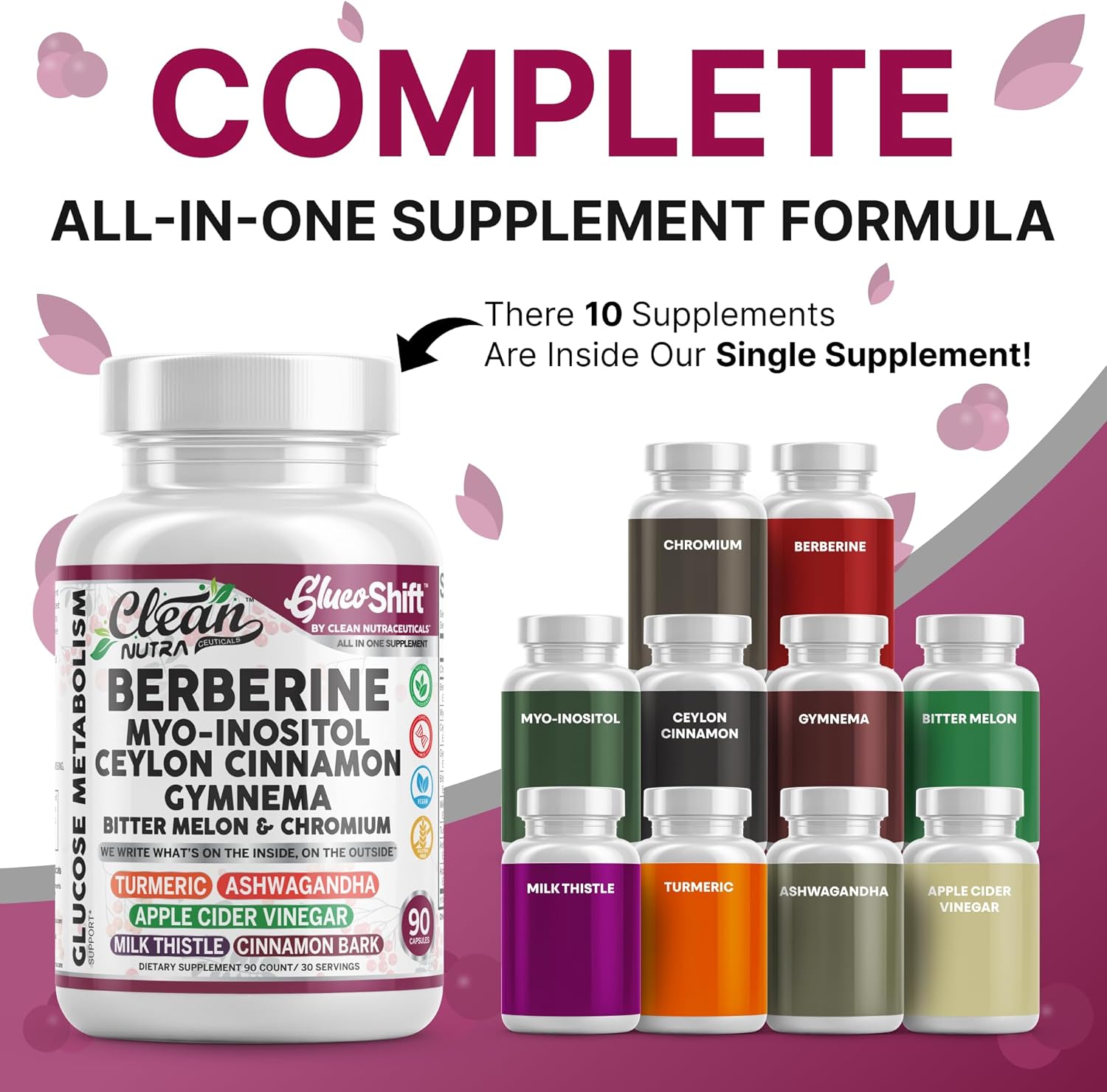 Clean Nutra Berberine Supplement with Ceylon Cinnamon Myo-Inositol Gymnema Bitter Melon & Chromium | Berberine HCI Root Extract Complex | 90 Capsules | Vegan, Gluten-Free, Non-GMO
