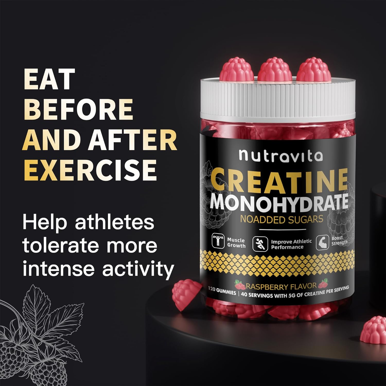 Creatine Monohydrate Gummies for Men & Women-5g of Creatine Monohydrate per Serving - Sugar Free,Vegan, Raspberry Flavor, 120 Count