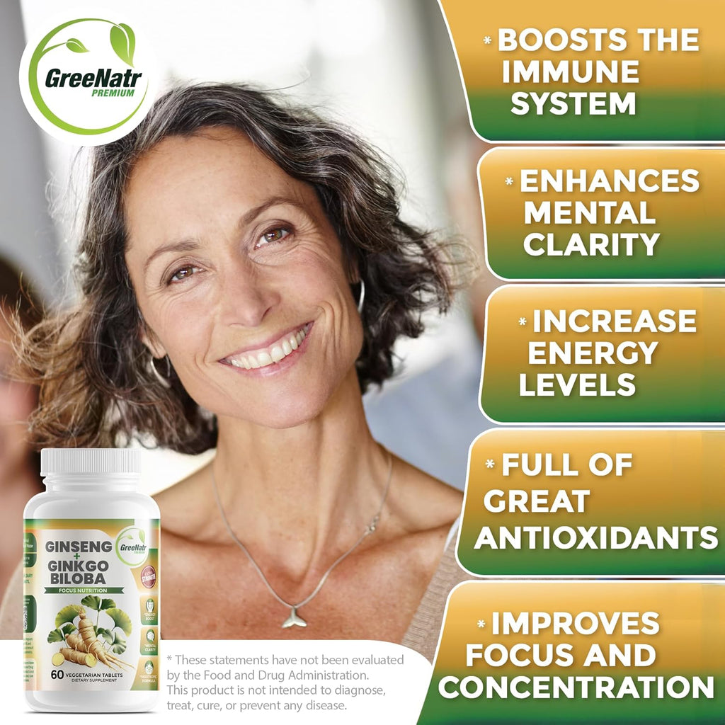 Ginko Biloba & Panax Ginseng Supplement - Red Ginseng Brain Supplement for Memory and Focus - Ginkgo Biloba Supplements for Good Vision, Immune System and Improved Blood Flow - 60 Tablets