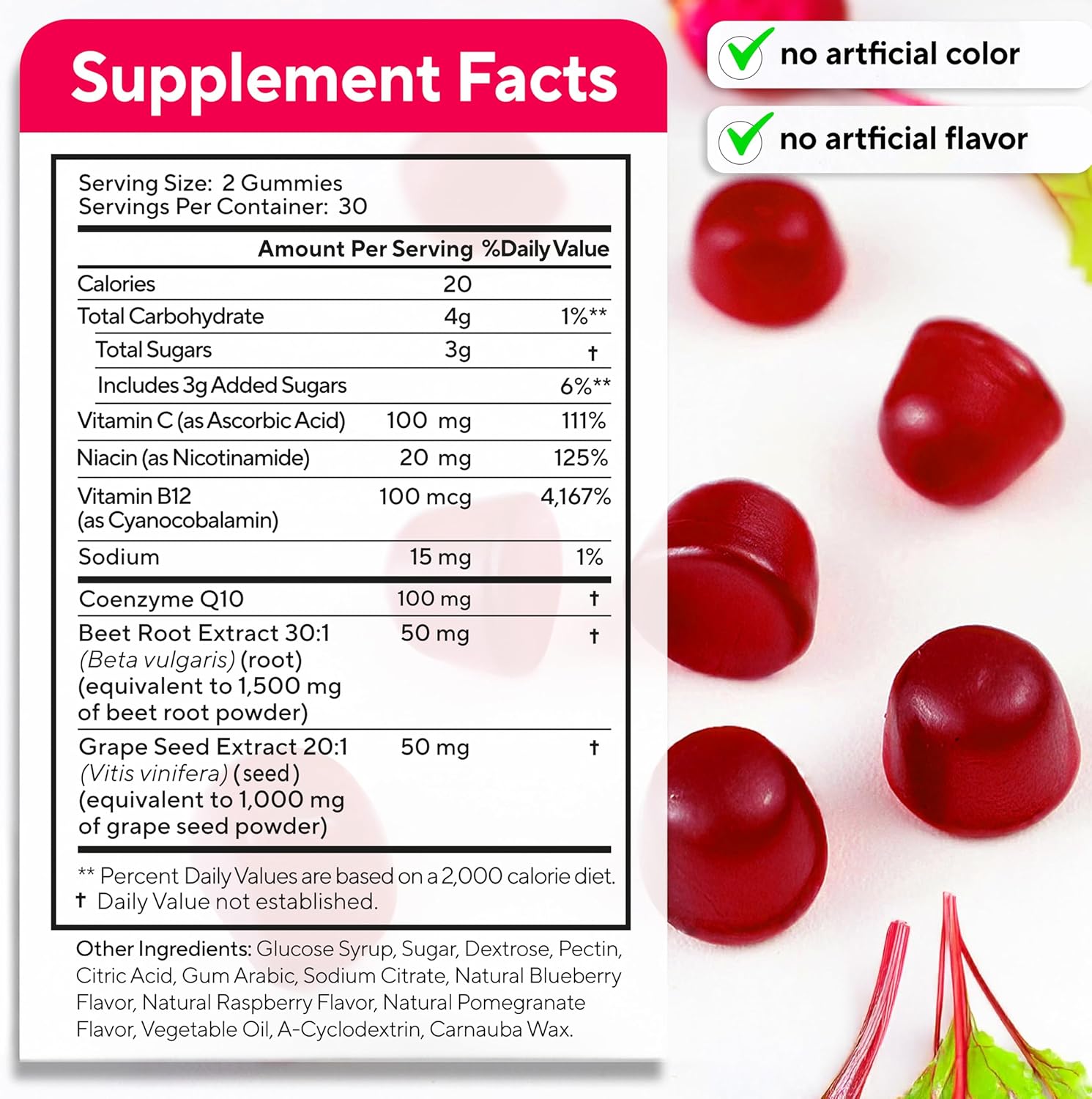 Beet Root Gummies – Beet Gummies – Red Beets Supplements with Beetroot, Grape Seed, Coq10, Vitamin C & B12 – 60 Beet Chews
