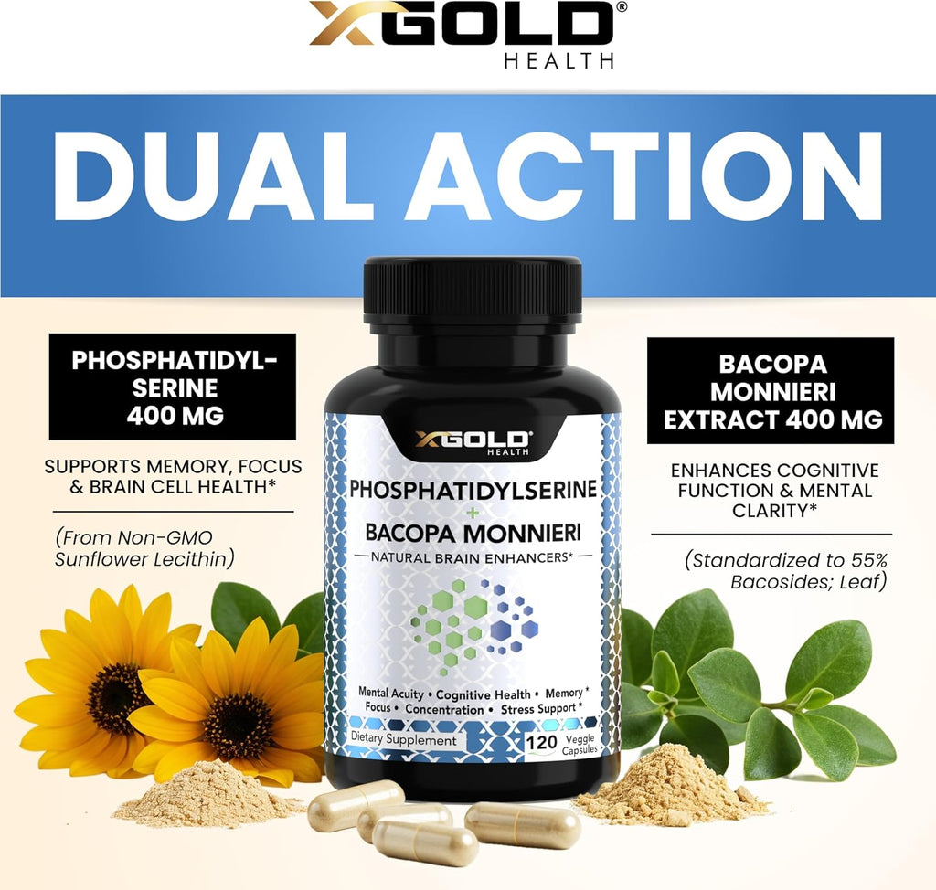 PhosphatidylSerine & Bacopa Monnieri 400 mg 2 in 1 Supplement - Natural Brain Enhancer/Nootropic for Enhanced Focus and Concentration, Memory Support, & Cognitive Function - 120 Vegetarian Capsules