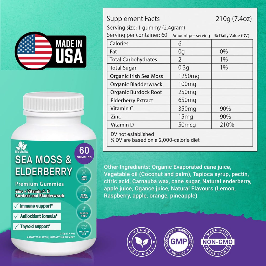 BIO VITALICA (Bundle) Sea Moss Elderberry (1 Pack) & Quercetin (3 Packs) & Sea Moss Ashwagandha Gummies (1 Pack) BioVitalica