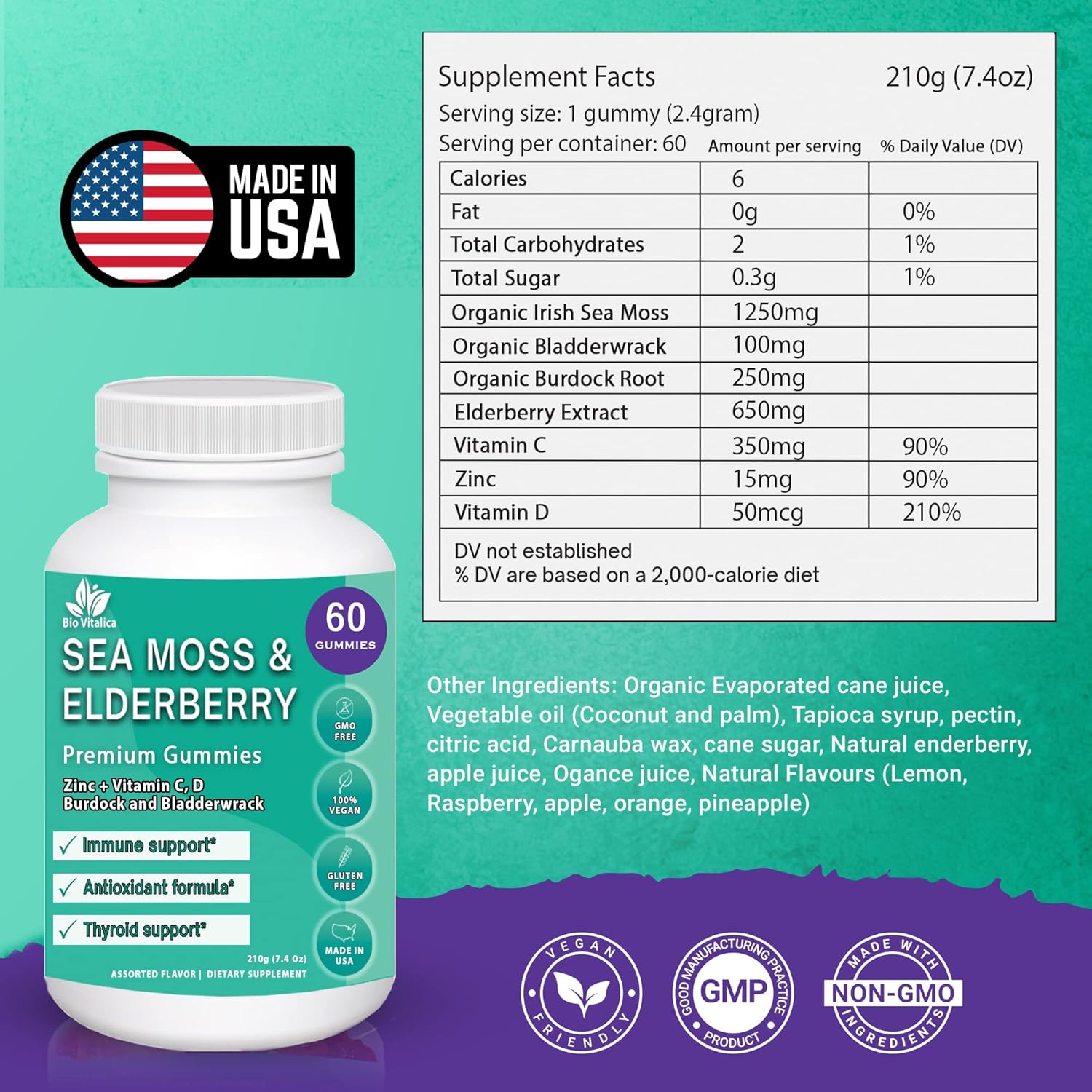 BIO VITALICA (Bundle) Sea Moss Elderberry (1 Pack) & Quercetin (3 Packs) & Sea Moss Ashwagandha Gummies (1 Pack) BioVitalica