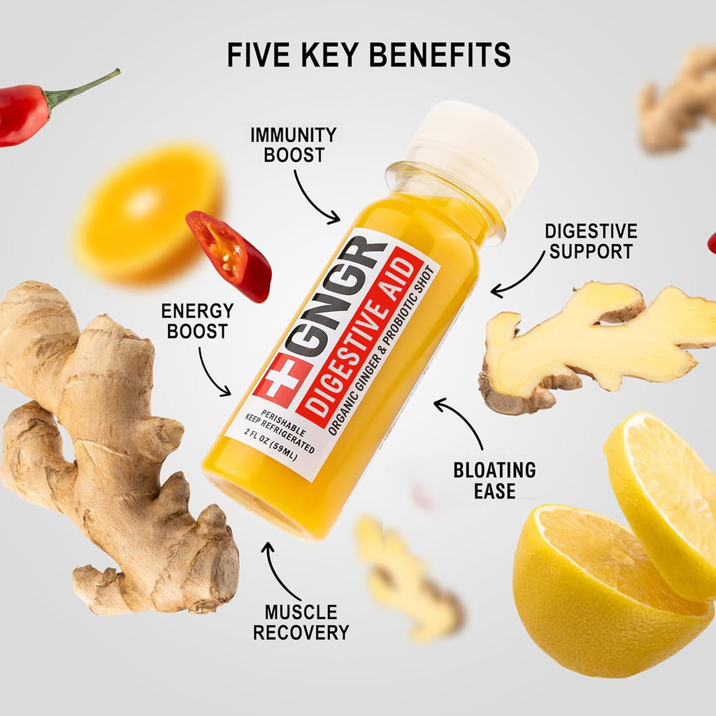 +GNGR Digestive Aid Organic Ginger Shots with Probiotics, Gut Health, Colon Cleanse, Bloating Relief, Gut Detox, Immunity Shots with Ginger Juice, Turmeric, Black Pepper. (2 Oz, Pack of 12)