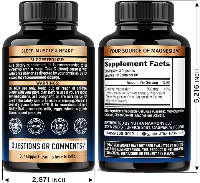Magnesium Supplement - 5 in 1 Complex | Glycinate | Citrate | Malate | Taurate | Oxide - Made in USA - Stress, Muscle & Heart Support - Vegan, Natural, Non-GMO - 180 Capsules, 2 Month Supply