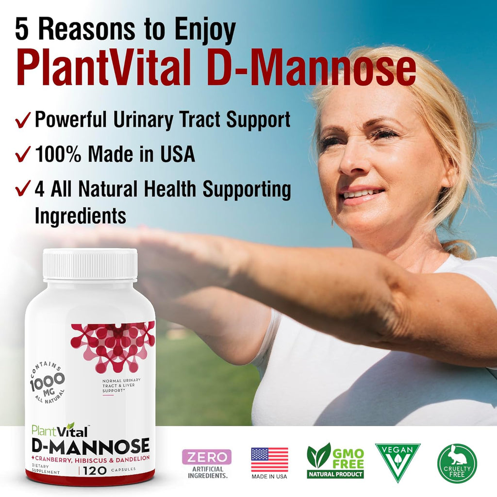 Plantvital D Mannose Capsules with Cranberry - D-mannose 1000mg Capsules - High Potency for Bladder, Kidney and Urinary Tract Support. Cranberry Powder with Hibiscus and Dandelion. 2 Months Supply