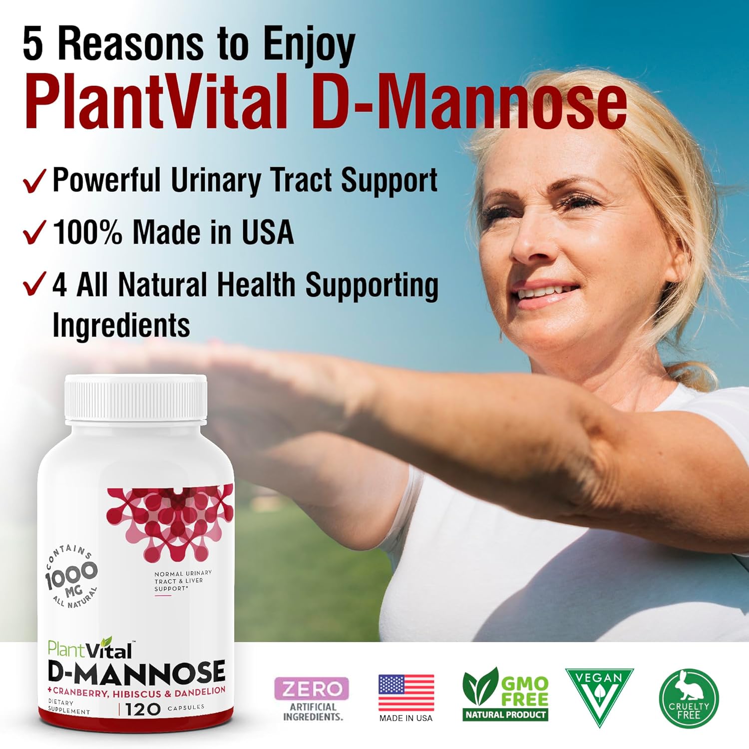 Plantvital D Mannose Capsules with Cranberry - D-mannose 1000mg Capsules - High Potency for Bladder, Kidney and Urinary Tract Support. Cranberry Powder with Hibiscus and Dandelion. 2 Months Supply