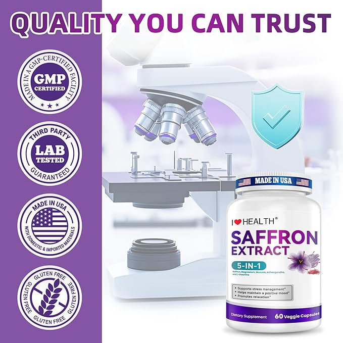 Saffron Mood Support Supplement – 0.3% Safranal with Ashwagandha & L-Theanine for Stress Relief, Calm Mood & Emotional Balance – Made in USA – 60 Capsules