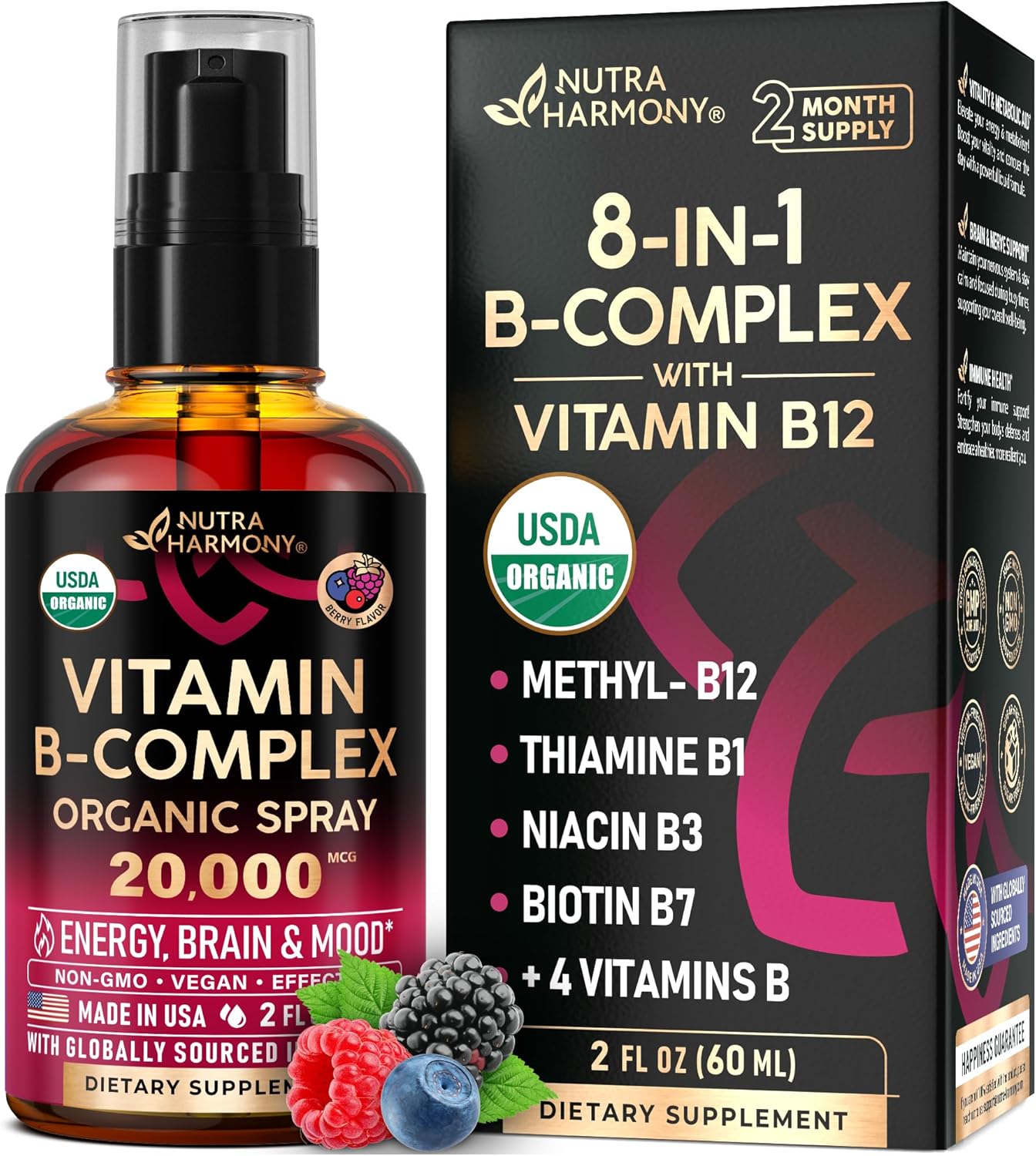 USDA Organic Vitamin B-Complex Liquid Spray 8-in-1 - B5 Pantothenic Acid | B12 Methylcobalamin | B1 Thiamine | B6 Pyridoxine | B7 Biotin | B9 Folic | B3 Niacinamide - Made in USA Supplement, 2fl oz