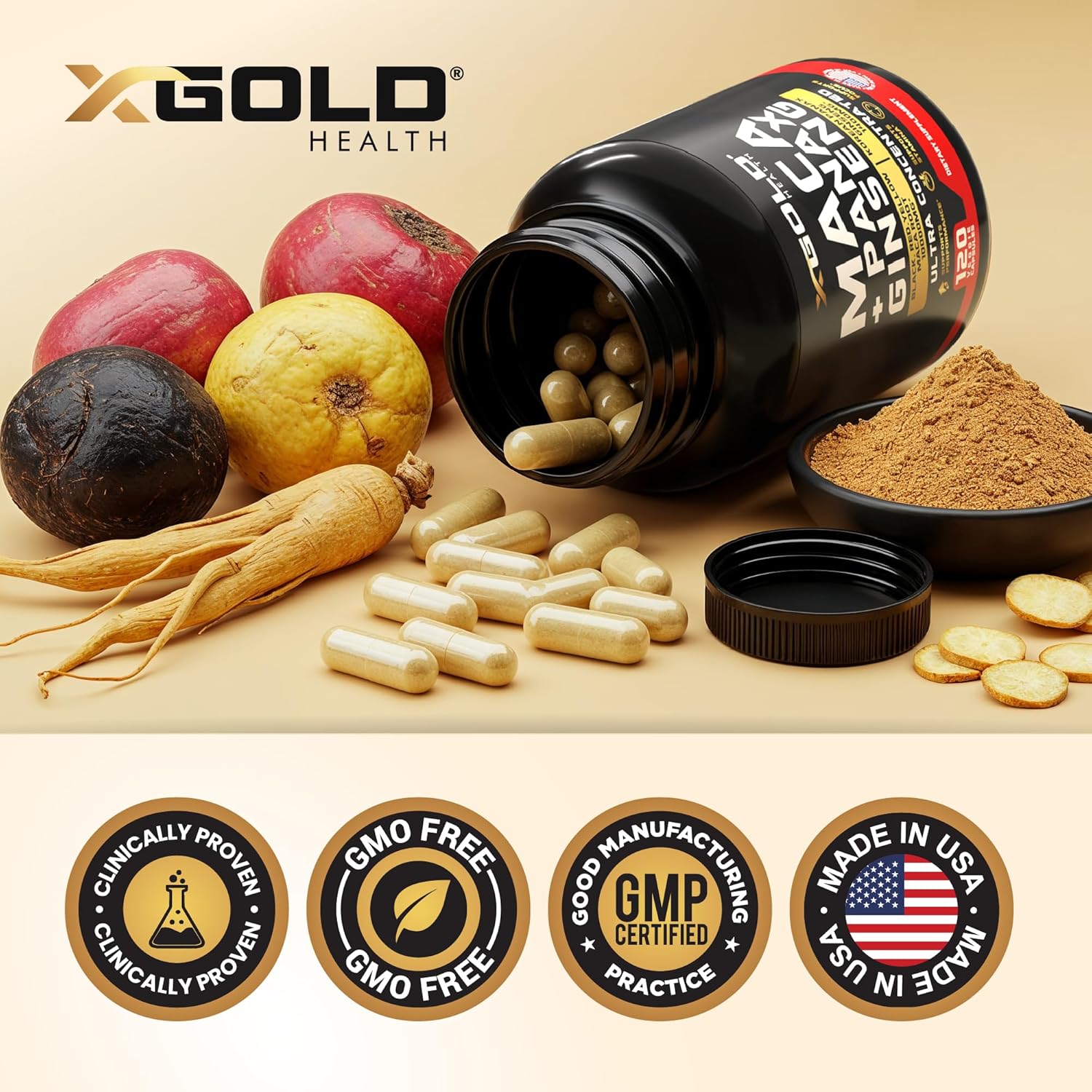 Maca Root Capsules 10,000mg + Korean Panax Ginseng 1,400mg - 20x Concentrated Extract Black + Red + Yellow Maca Root, 10x Concentrated Extract Panax Ginseng Capsules - Ultra Potent & Highly Purified
