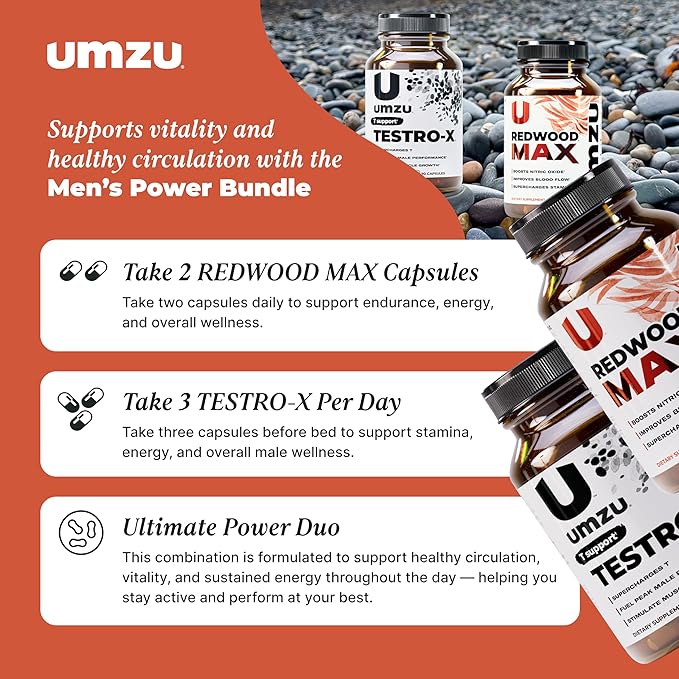 UMZU Redwood Max + Testro-X Bundle – Advanced Nitric Oxide Booster & Men’s Wellness Support – Circulation, Energy, Recovery, Focus & Daily Vitality – 60 + 90 Capsules (30-Day Supply)