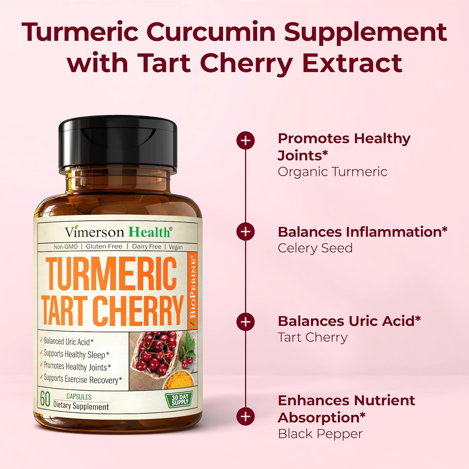 Turmeric Curcumin Supplement with 10:1 Tart Cherry Extract & Celery Seed Extract - Natural Uric Acid Balance, Joint Health, Sleep Aid - Turmeric Curcumin with Black Pepper. Tart Cherry Capsules 2 Pack