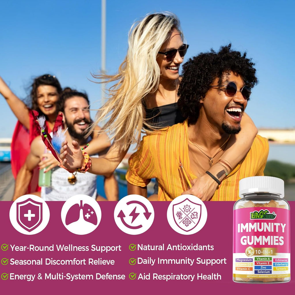 10 in 1 Immune Support Supplement Gummies, w/Echinacea, Elderberry Vitamin C and Zinc, Selenium, Vitamin D3 5000IU, Magnesium, Daily Immune Booster Multivitamin, for Antioxidant Bone Energy, 1 Pack