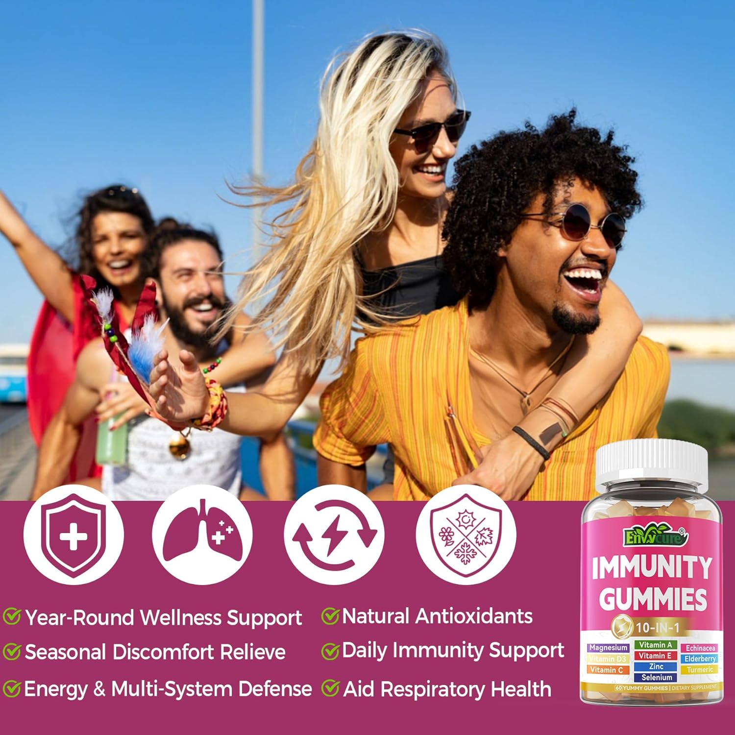 10 in 1 Immune Support Supplement Gummies, w/Echinacea, Elderberry Vitamin C and Zinc, Selenium, Vitamin D3 5000IU, Magnesium, Daily Immune Booster Multivitamin, for Antioxidant Bone Energy, 1 Pack