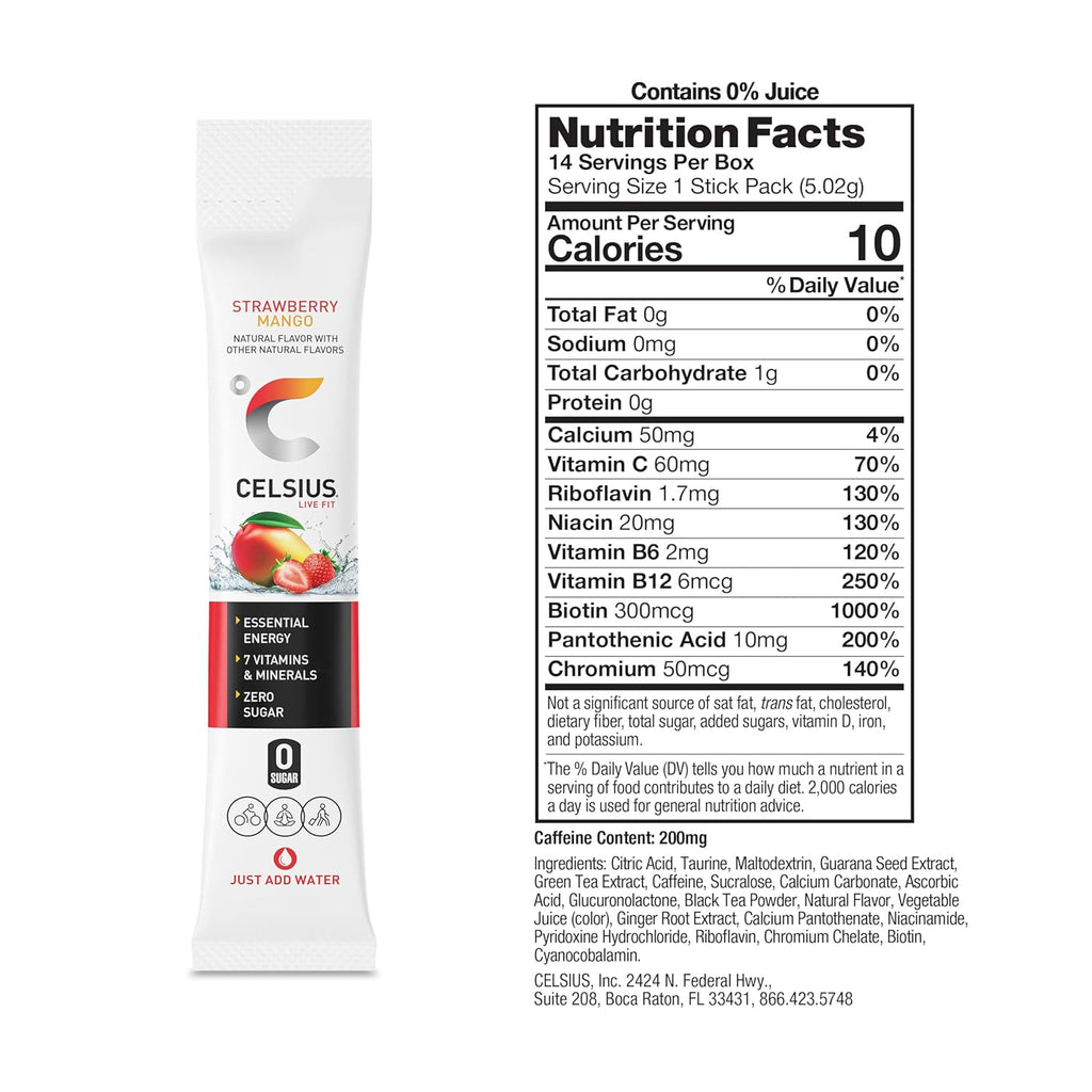 CELSIUS On The Go Strawberry Mango, Sugar Free Energy Drink Mix (14 Sticks per Pack) (Pack of 2)