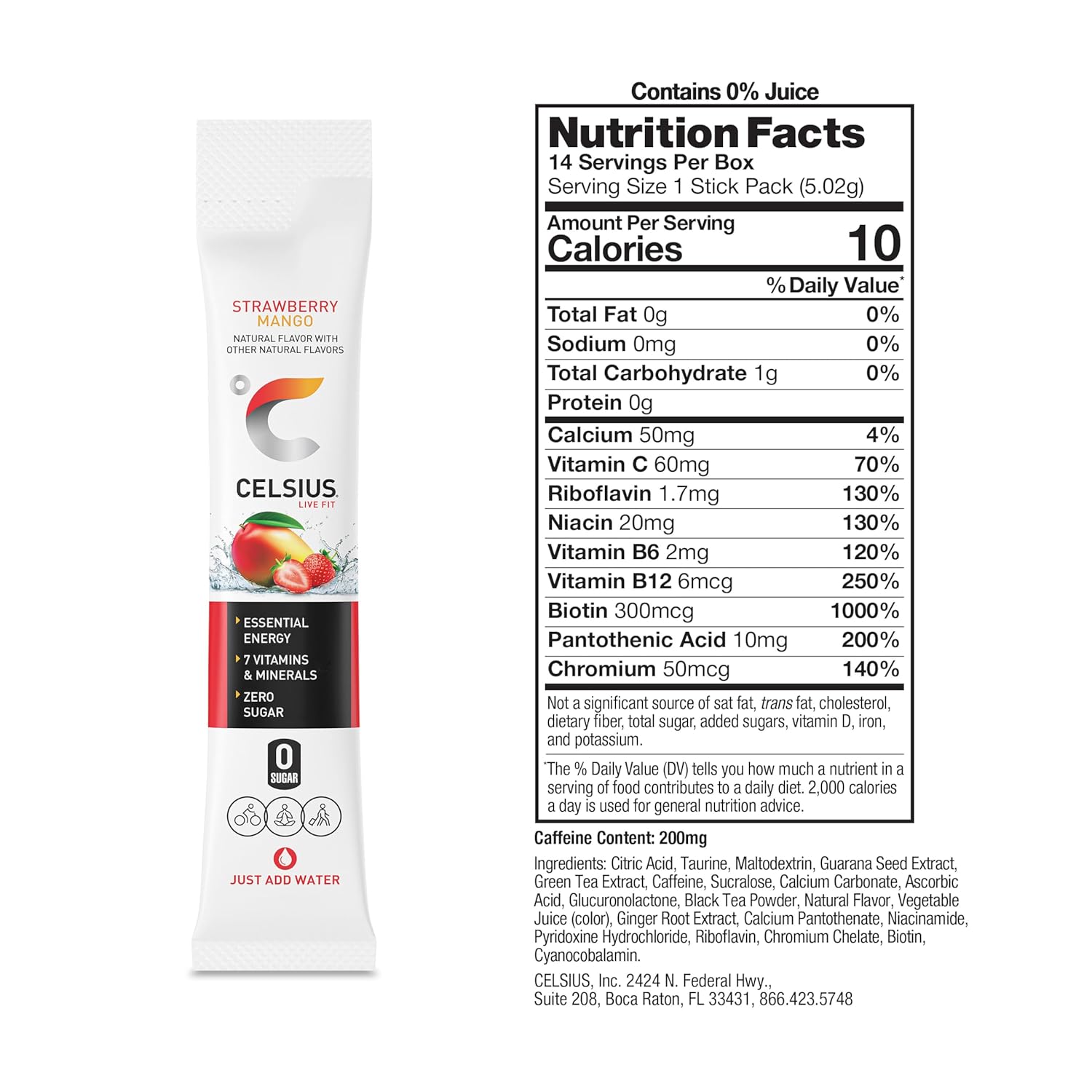 CELSIUS On The Go Strawberry Mango, Sugar Free Energy Drink Mix (14 Sticks per Pack) (Pack of 2)