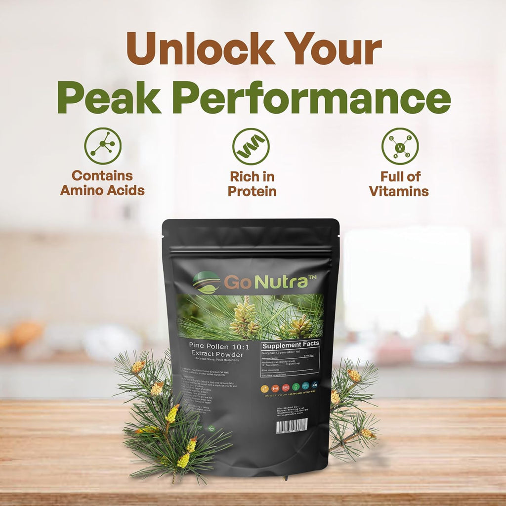 Go Nutra - Pine Pollen Powder, Potent 10:1 Pine Pollen Powder from Masson Pine Trees, Pure Powdered Pine Pollen for Tea, Coffee, Juice, Smoothies, and More, Non-GMO, Vegan, 8 oz